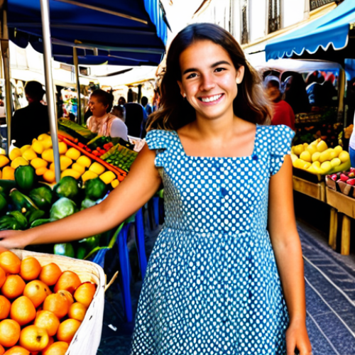 Home 9 **
"A cheerful young woman in Lisbon, Portugal, wearing a colorful, modest sundress and espadrilles, selling fresh flowers at a bustling local market. Background: vibrant stalls with fruits, vegetables, and traditional Portuguese crafts. Perfect anatomy, correct proportions, natural pose, well-formed hands, proper finger count, natural body proportions. Fully clothed, appropriate attire, safe for work, professional, family-friendly, bright, sunny day."
**