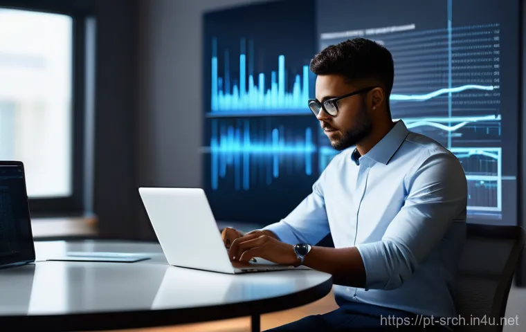 인터넷정보검색 자격증 취득 후 대기업 데이터 리서치 팀 합류기 - **Prompt:** A diverse young professional, deeply focused on a sleek laptop, surrounded by glowing, a...