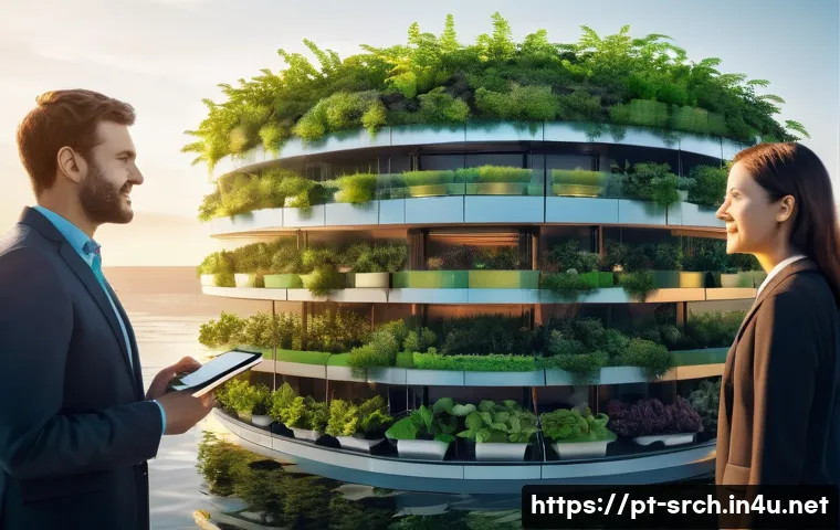 인터넷정보검색 자격증과 클라우드 데이터 활용의 연계성 - The scene features innovative, green architecture with integrated solar panels and vertical gardens,...