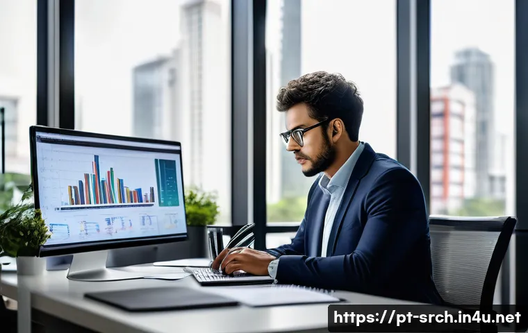 인터넷정보검색 자격증과 경력 개발의 상호 보완성 - A professional digital researcher working intensely at a modern office desk, multiple computer scree...