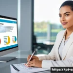 인터넷정보검색 자격증을 활용한 이직 준비 전략 - A professional Portuguese-speaking businesswoman in a modern office setting, confidently presenting ...