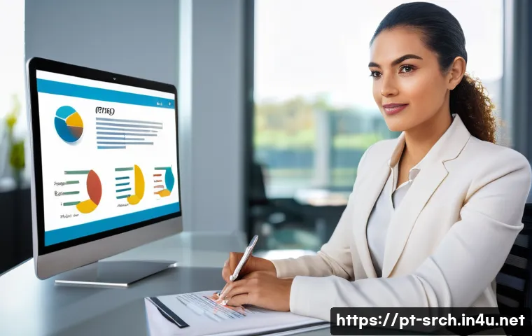 인터넷정보검색 자격증을 활용한 이직 준비 전략 - A professional Portuguese-speaking businesswoman in a modern office setting, confidently presenting ...