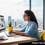Home 19 인터넷정보검색 실무에서 자주 다뤄지는 사례 분석 - A professional Brazilian woman sitting at a modern desk in a bright home office, surrounded by multi...