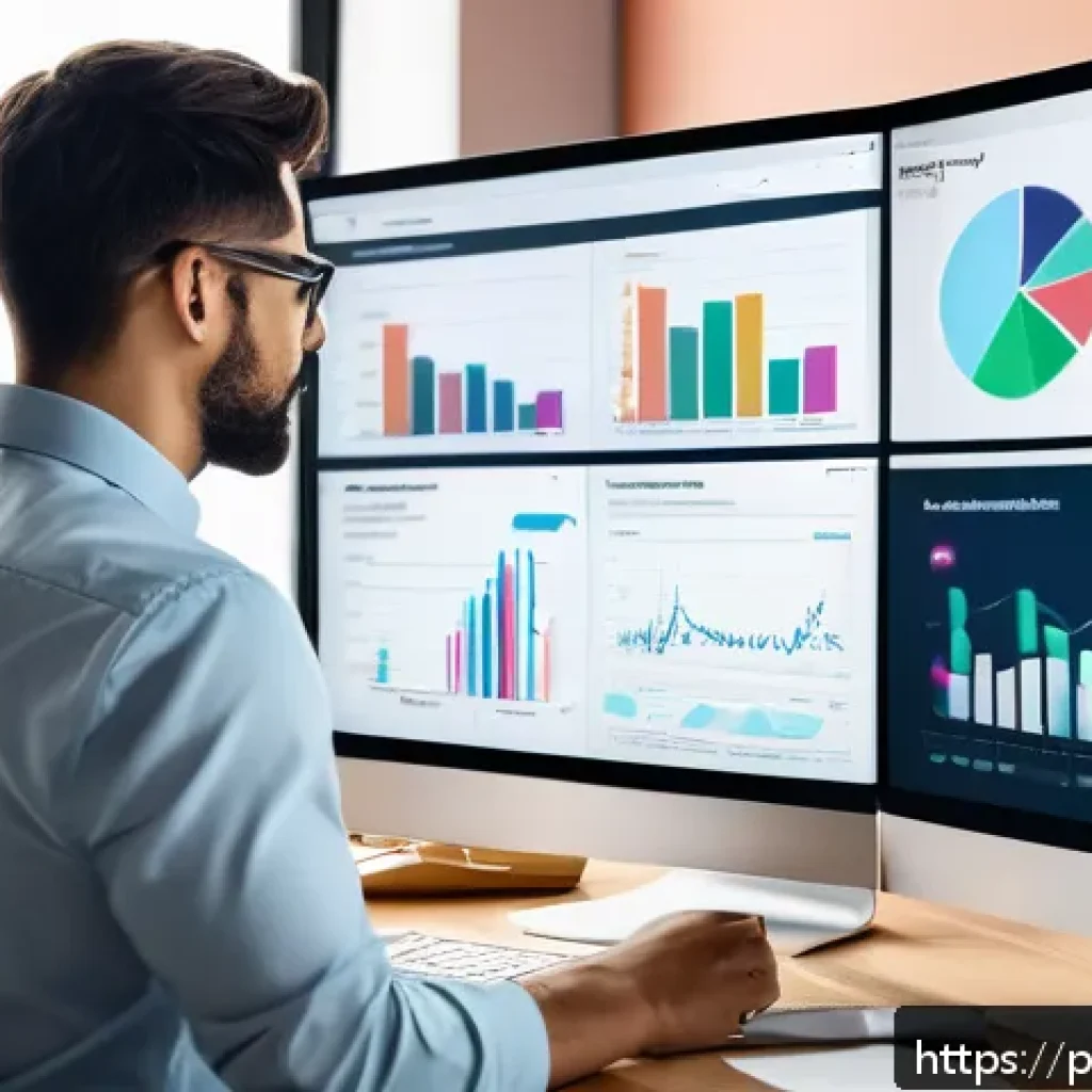 인터넷정보검색 실무에서 경험한 온라인 트렌드 분석 사례 - A detailed digital marketing analyst workspace featuring multiple high-resolution monitors displayin...