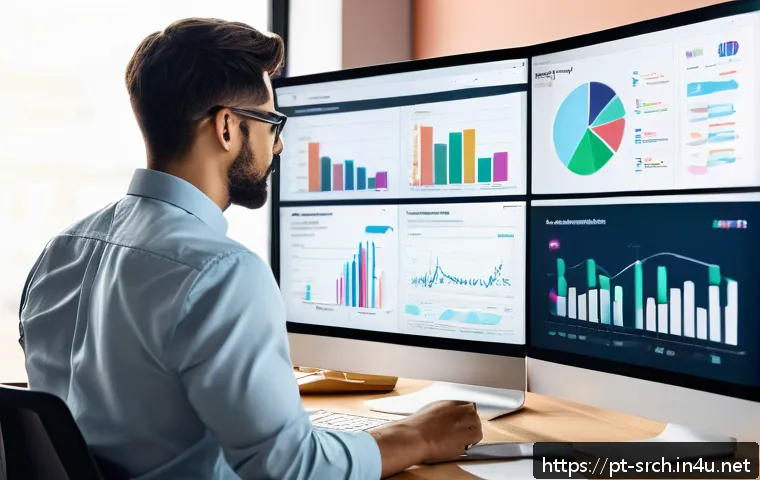 인터넷정보검색 실무에서 경험한 온라인 트렌드 분석 사례 - A detailed digital marketing analyst workspace featuring multiple high-resolution monitors displayin...